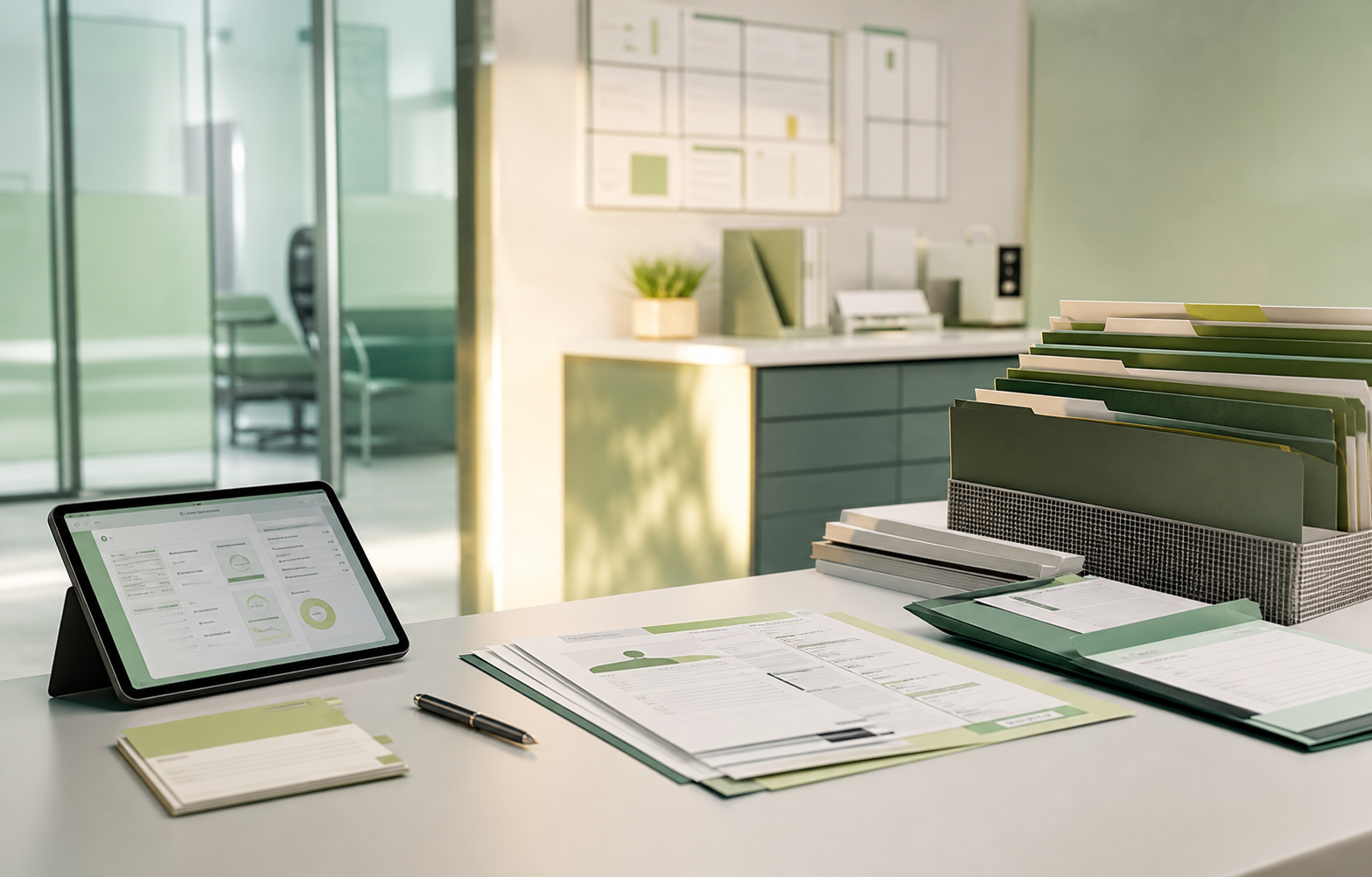 Healthcare operations desk with digital workflow dashboard